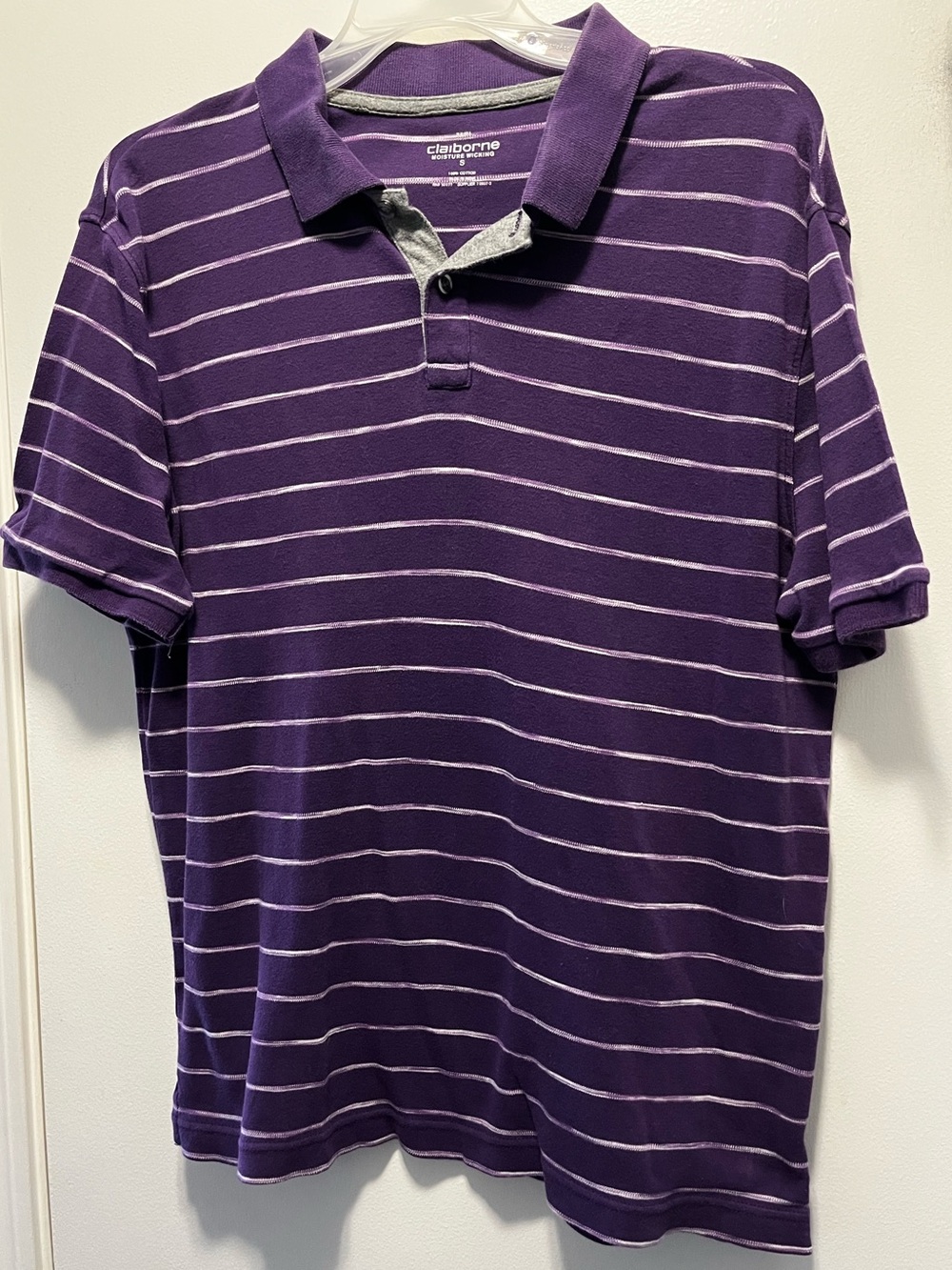 Claiborne Men’s Small Purple Striped Polo Tee White Stripes Moisture Wicking